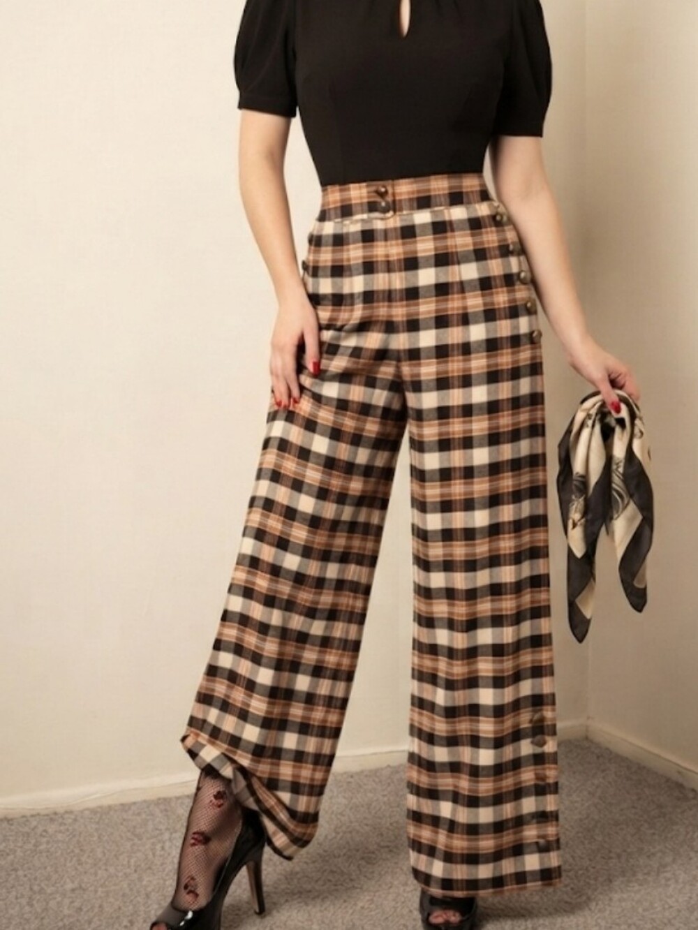 Unique Vintage Brown and Black Plaid Wide-Leg Pants
